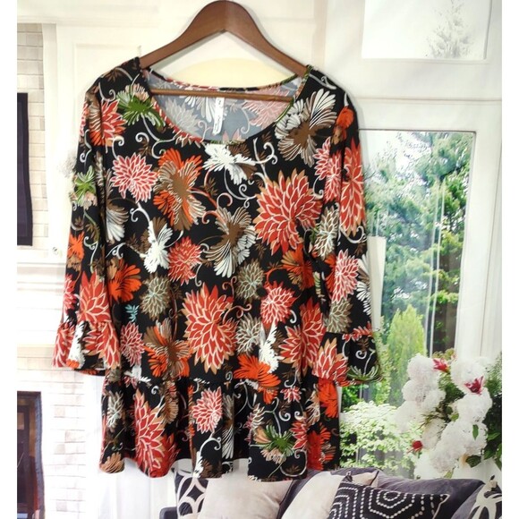 NY Collection Size 1X Top Floral Peplum 3/4 Bell Sleeve Popover Boho Office - Picture 3 of 8